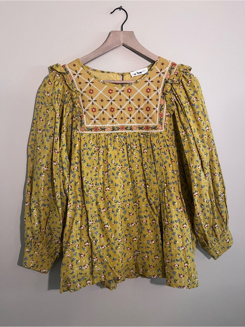 Embroidered Square-Yoke Floral Tunic in Mustard